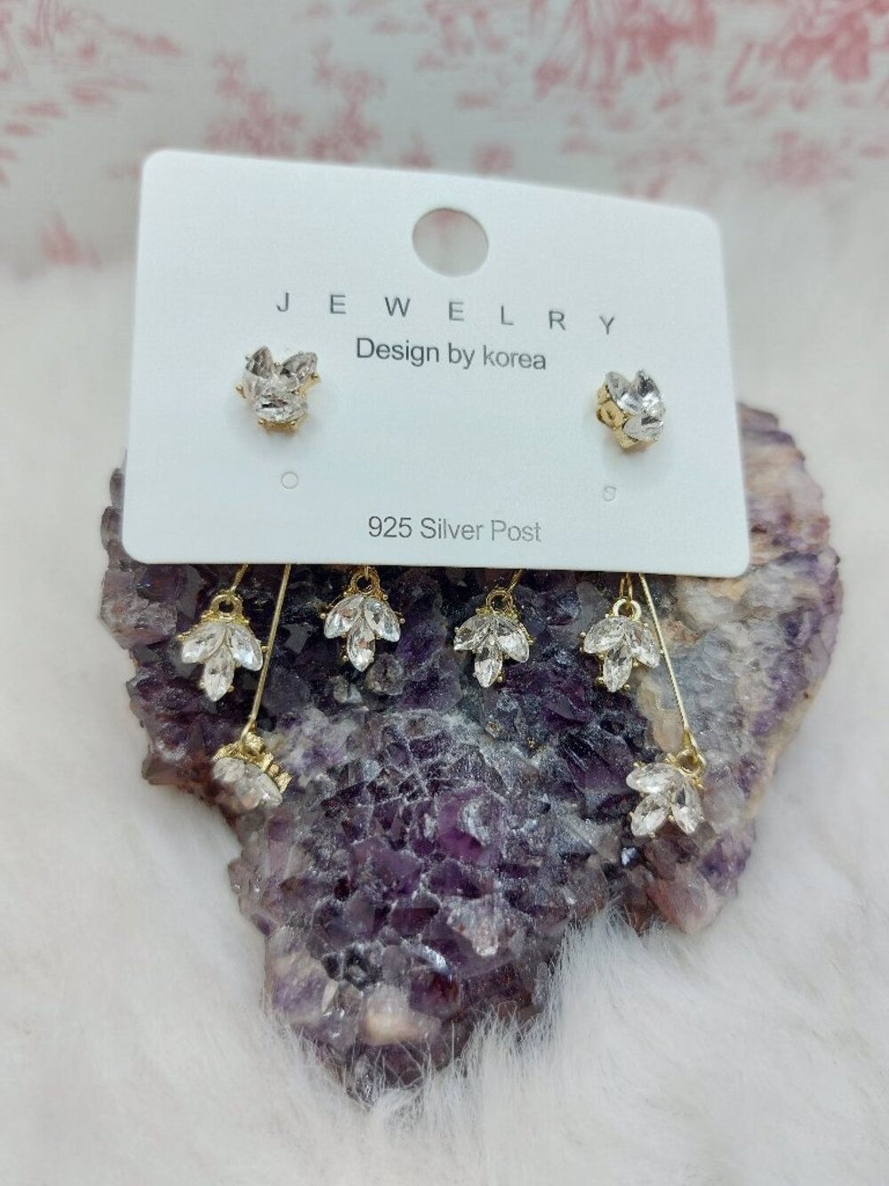 S925 Stud Korean Style Gold Plated Stone Decor Leaf Shaped Drop Earrings
